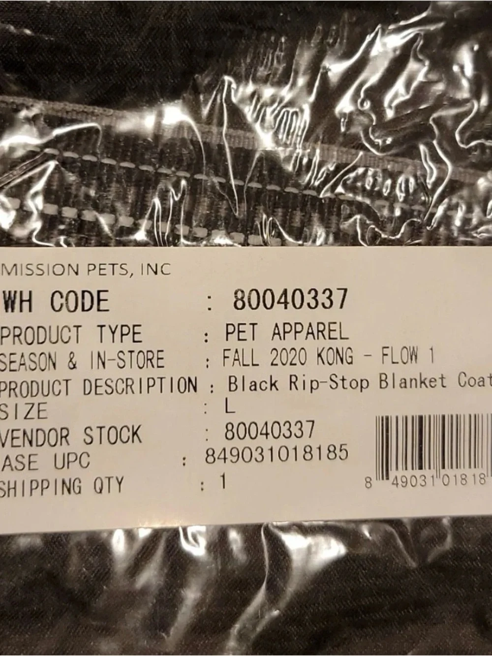KONG Outerwear Rip-Stop Blanket Jacket Water Resistant Reflective Black L 20-23